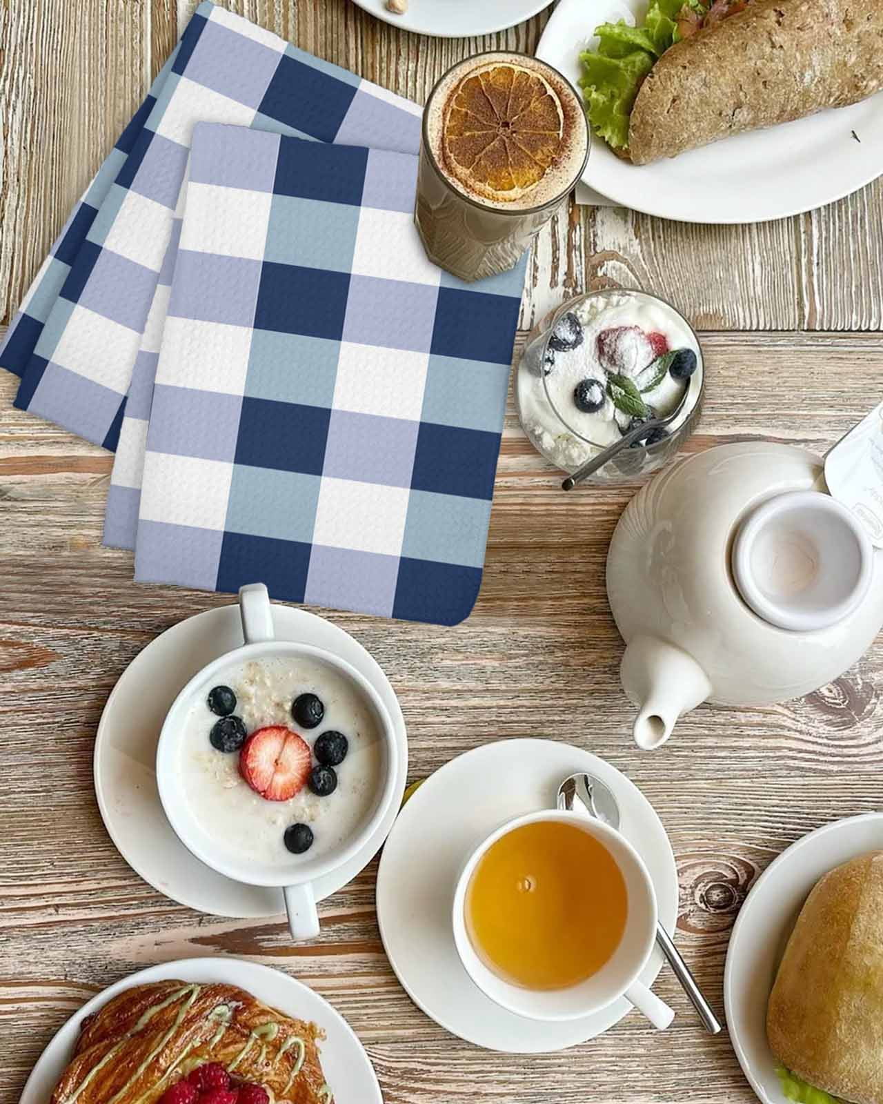 Navy Blue Plaid Kitchen Dish Towels for Drying Dishes Set of 4, Spring Farmhouse Buffalo Checkered Waffle Weave Microfiber Hand Tea Bathroom Towels Quick Dry & Absorbent Towel 15.7x23.6