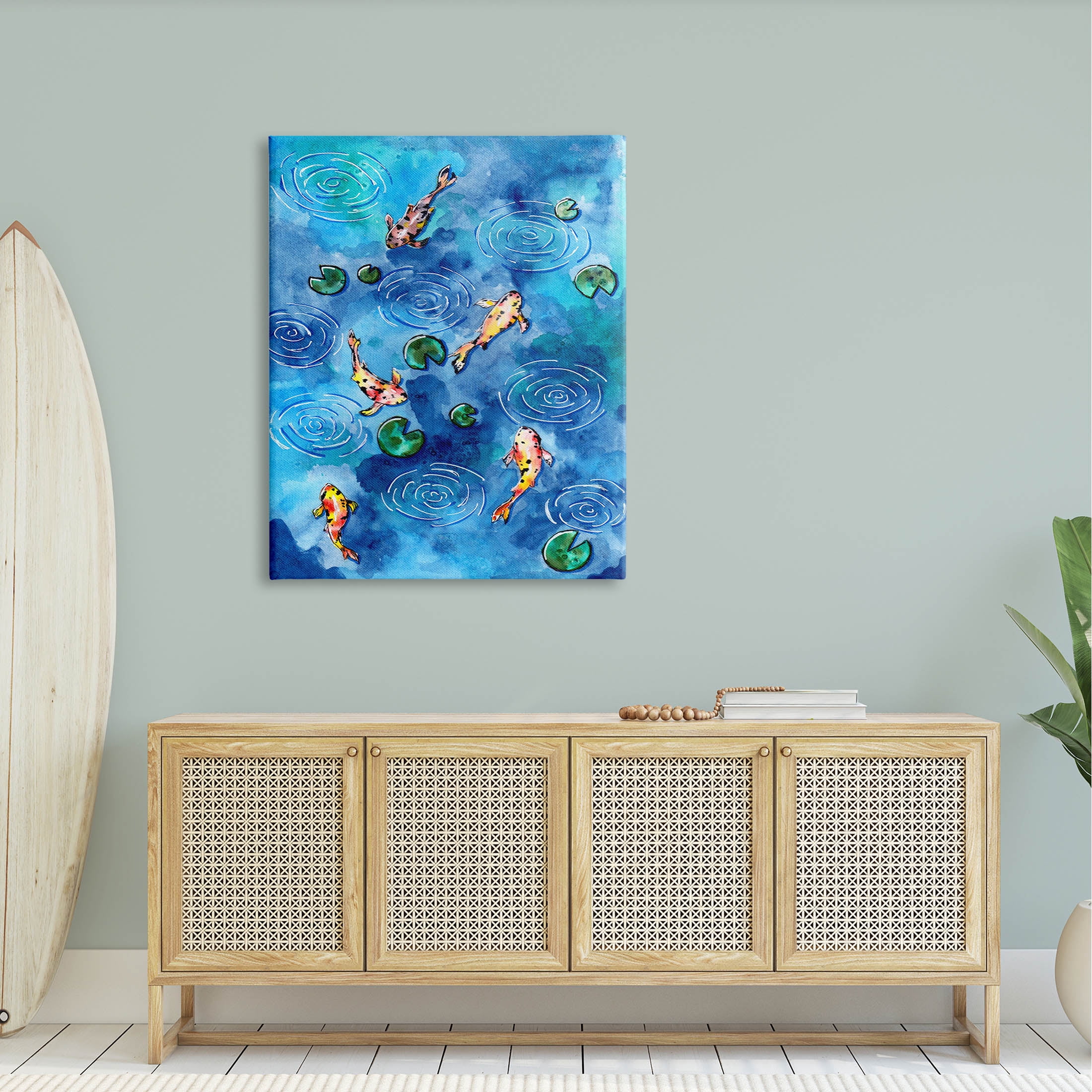 Koi Fish Ripples Pond Lilies Animals & Insects Painting Gallery Wrapped Canvas Print Wall Art