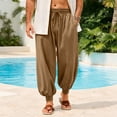thumbnail image 6 of WULMLEO Mens Harem Pants Casual Elastic Waist Drawstring Baggy Hippie Trousers Cotton Linen Boho Yoga Beach Pants Brown 3XL, 6 of 7