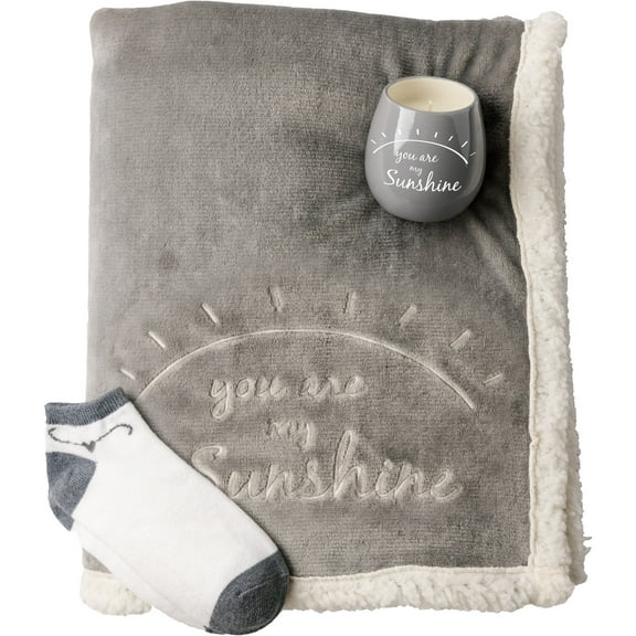 Pavilion - You are My Sunshine - 42" x 50" Sherpa Blanket, 8 oz Candle & Ankle Sock Wife Girlfriend Anniversary Encouragement Gift Set