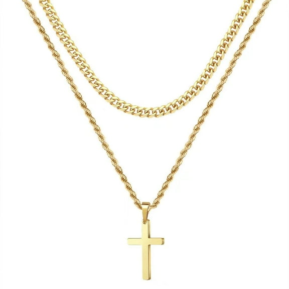 Turandoss Gold Cross Layered Necklaces for Men Boys Stainless Steel Pendant 16-24 inch Twist Rope Chain Jewelry Set Christian Religious Valentines Day Birthday Gifts for Men Father Husband Grandpa