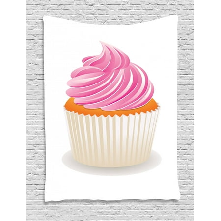 Orange and Pink Tapestry, Illustration of a Pink Cupcake Celebration Delicious Dessert Baking, Wall Hanging for Bedroom Living Room Dorm Decor, Pink Orange Cream, by