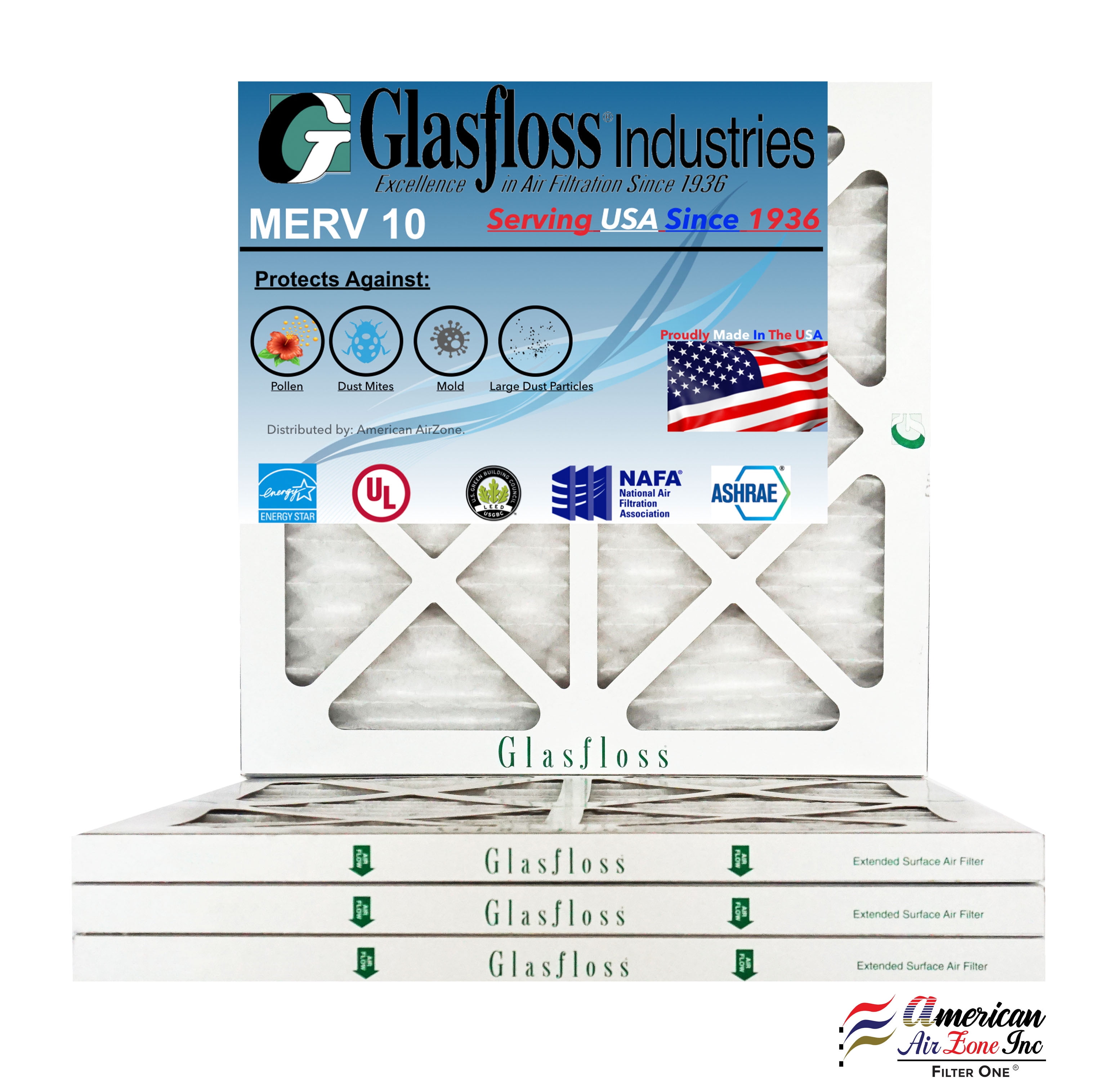 For Home or Office Pack of 12 Furnace Air Filter Made In The USA Glasfloss 16x21x1-1 Inch MERV 10 - Actual Size: 15.5 x 20.5x7/8 Inch - AC or HVAC Pleated Air Filter