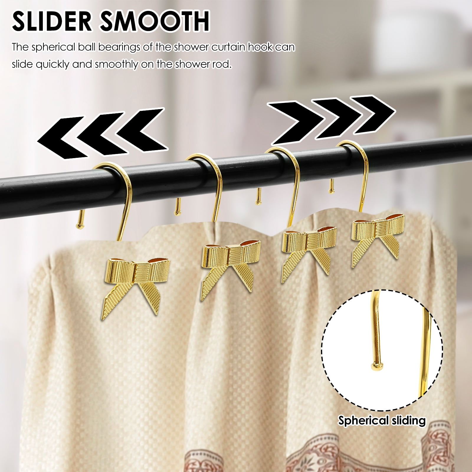 Decorative Bow Shower Curtain Hooks - Smooth Gliding, Metal, Set Of 12 (Black)