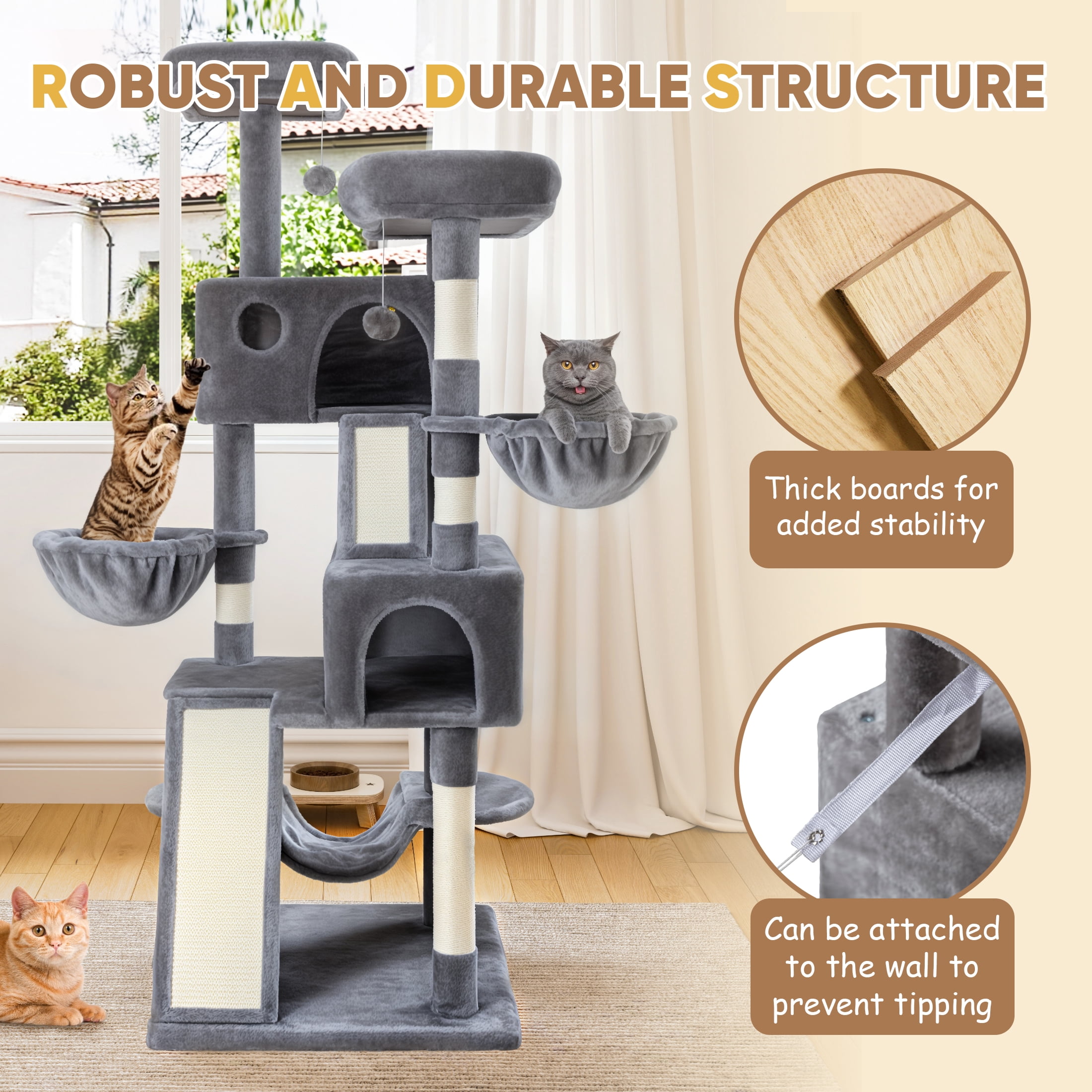 Einfach 65.7" Large Cat Tree and Tower for Cats, Condo House with Hammock, 2 Scratching Boards & 5 Scratching Posts, Gray