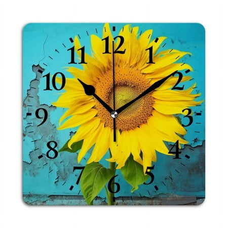 Square Wall Clock,Yellow Sunflower On Old Teal Wall,Silent Non-Ticking Wall Clock Decor for Home Office Kitchen Living Room Bedroom(10inch)
