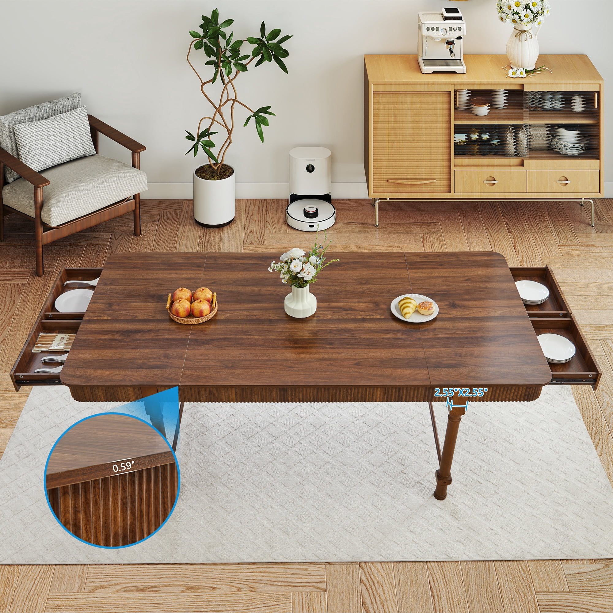 Weselon 78.74" Square Dining Table with 4 Drawers, Wood Fluted Dining Table with Storage Drawers, Seats up to 6,Large Kitchen Table for Casual Meals and Special,Dining Room, Brown