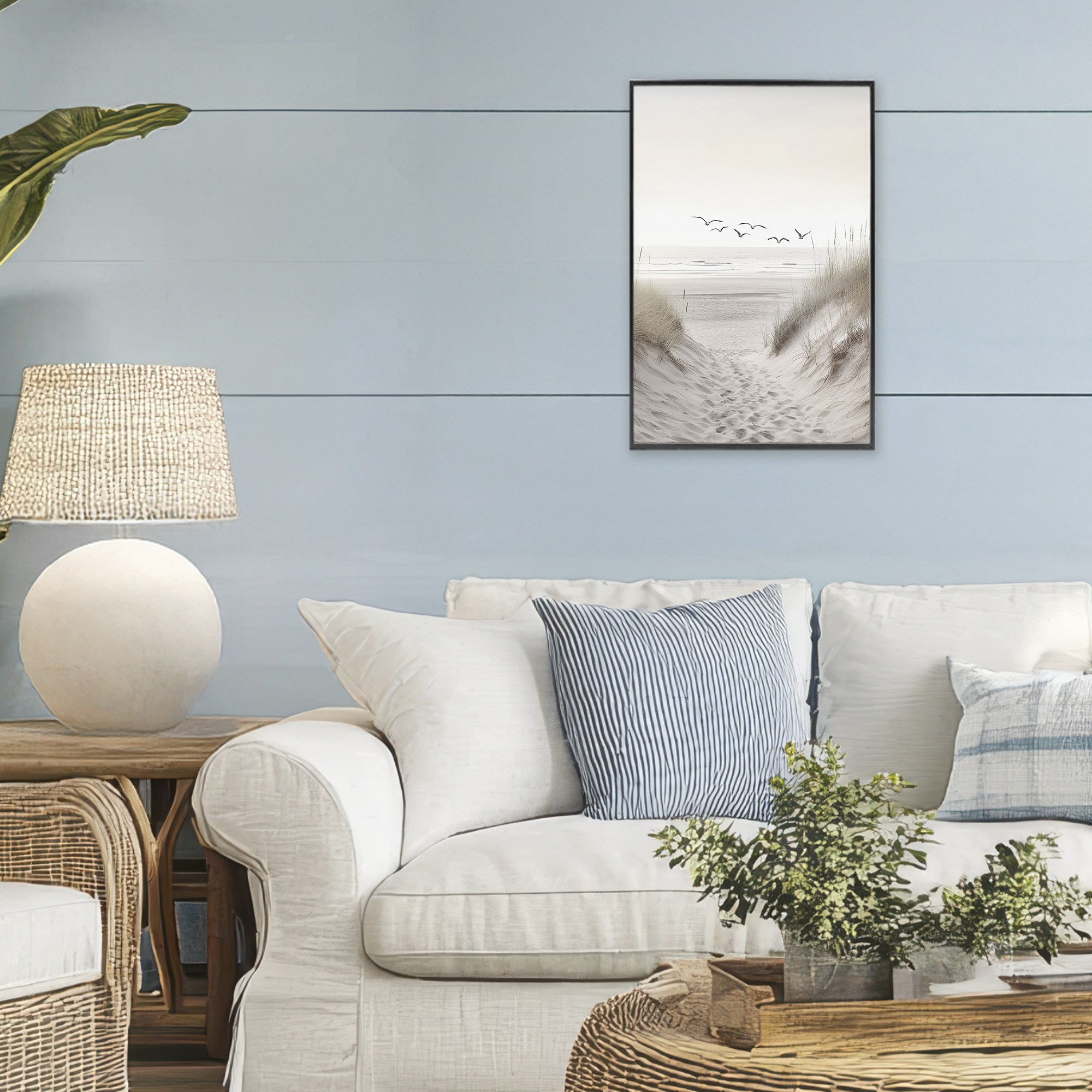 Seagulls over Sandy Footprints Black Framed Giclee Art, design by Decent Exposures