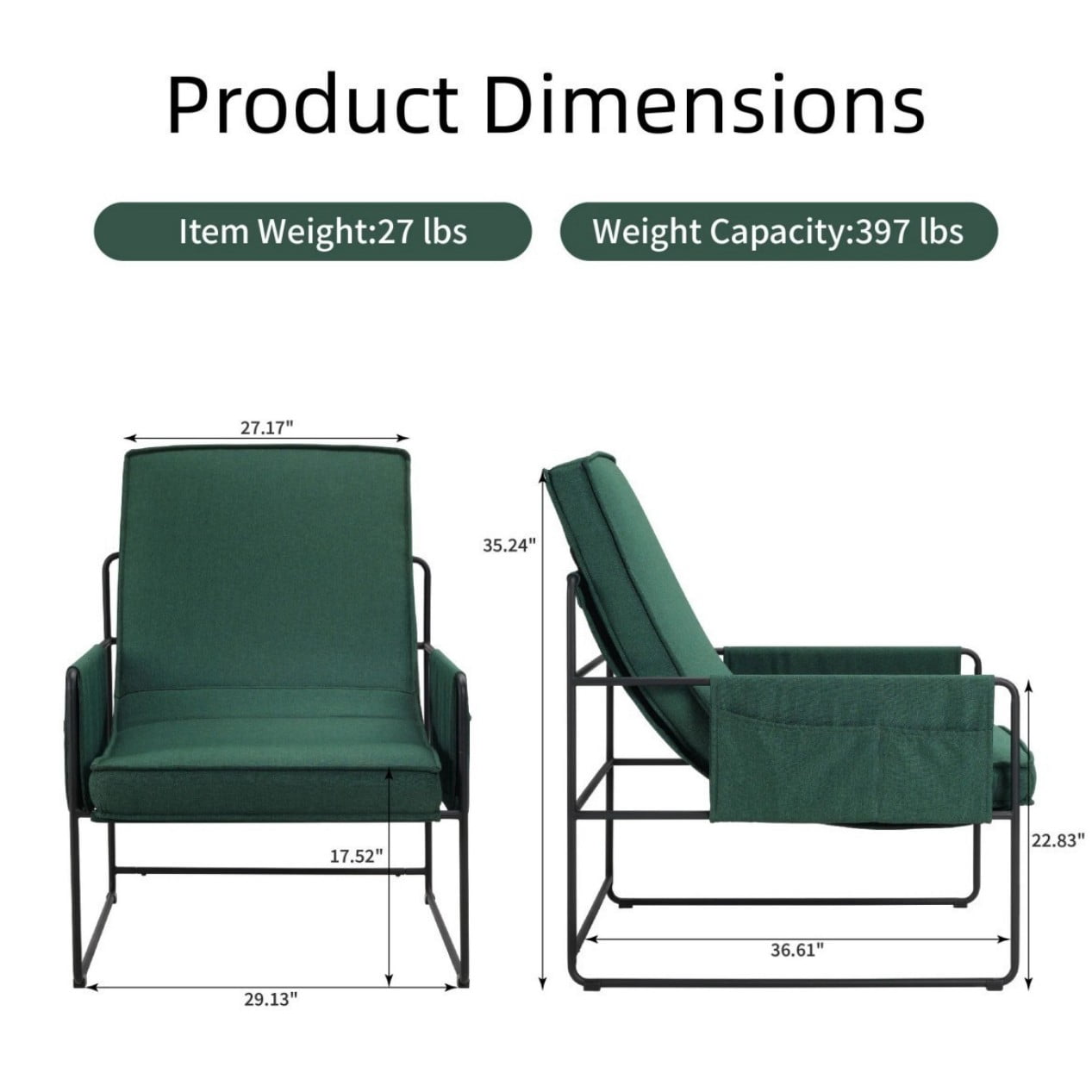 Sling Accent Chair, Comfy Arm Chair with Removable Cushion and Side Storage Pocket, Modern Vanity Chair for Living Room, Bedroom, Home Office, Green