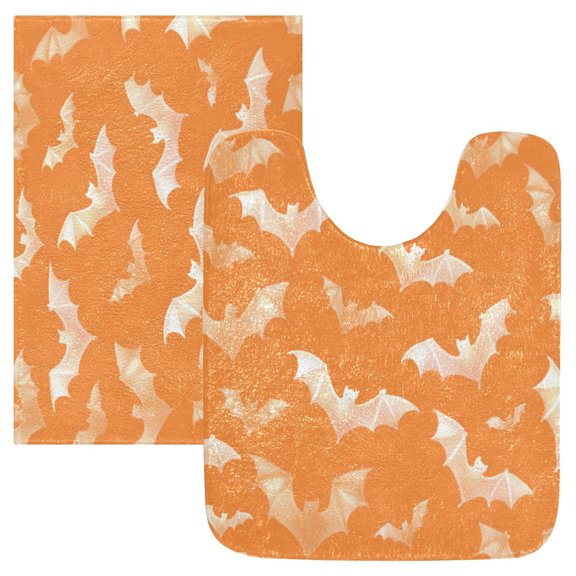 2 Piece Soft Bathroom Rug Set Orange and White Bats Bath Mat and U-Shaped Toilet Contour Rug (16"x24" 20"x24")