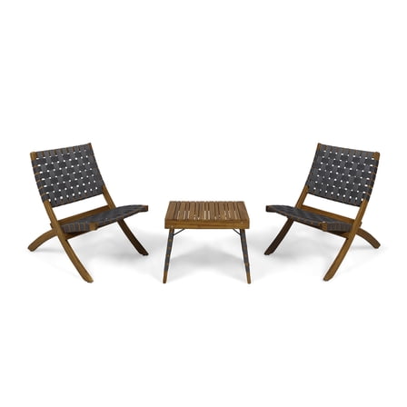 GDF Studio Kayla Outdoor Foldable 2 Seater Acacia Wood Chat Set, Brown and Gray