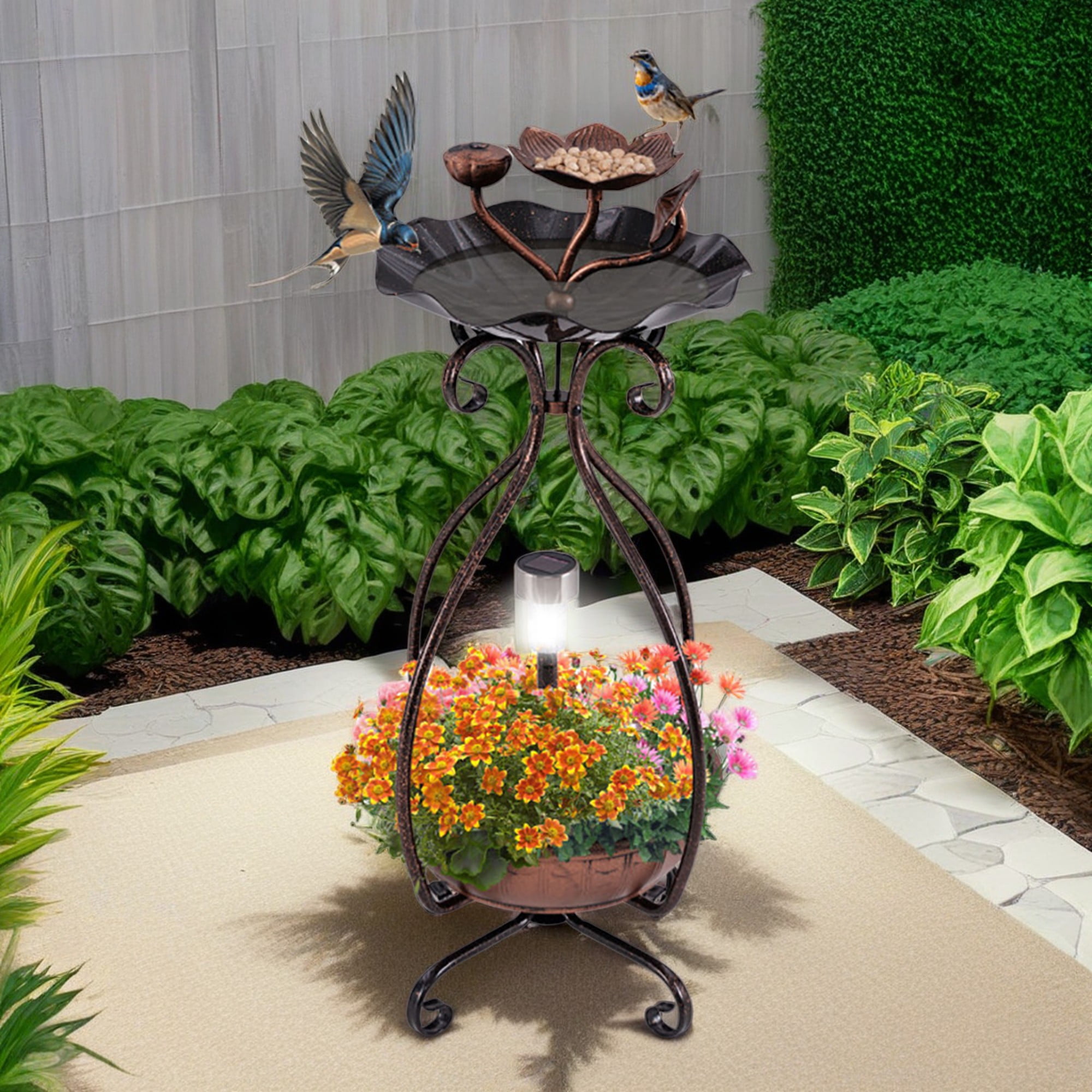 Pefilos 31" Outdoor Garden Bird Bath with Solar Light, Flower Planter Pedestal, Backyard Bird Feeder and Flower Planter, Brown