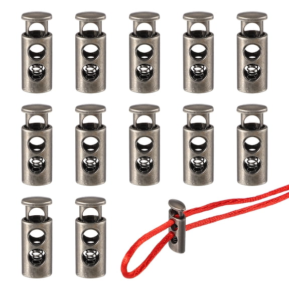 Metal Cord Locks, Double Hole Draw String Spring Stopper Fastener Round Slider Toggles End 12 Pcs & Silver Tone for Shoelaces