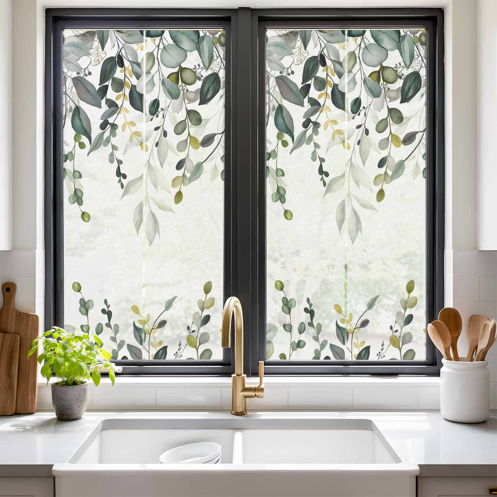 Removable Glass Window Covering, Gray Green Eucalyptus Leaves Window Privacy Film Frosted, Farmhouse Botanical Watercolor Decorative Privacy Windows Film for Bedroom, Living Room, 19.6 x 39.3 Inches