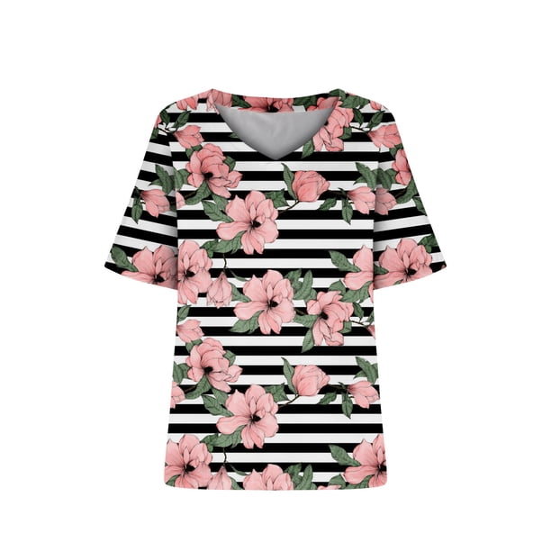 Camiseta de manga corta plisada elástica con cuello en V y estampado floral de talla grande para mujer OAVQHLG3B Store lin121212