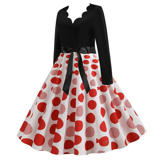 U.Vomade Vente Chaude Robe à Manches Longues pour Femme Vintage Aguichant Noire à Col en V Mode Rock Pin Robe de Fête Ajustée Grande Taille Fête Fête
