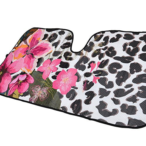 BDK USA Flower Leopard Sunshade Pink Hibiscus Orchid Folding Accordion with Static Cling Sun Shade 