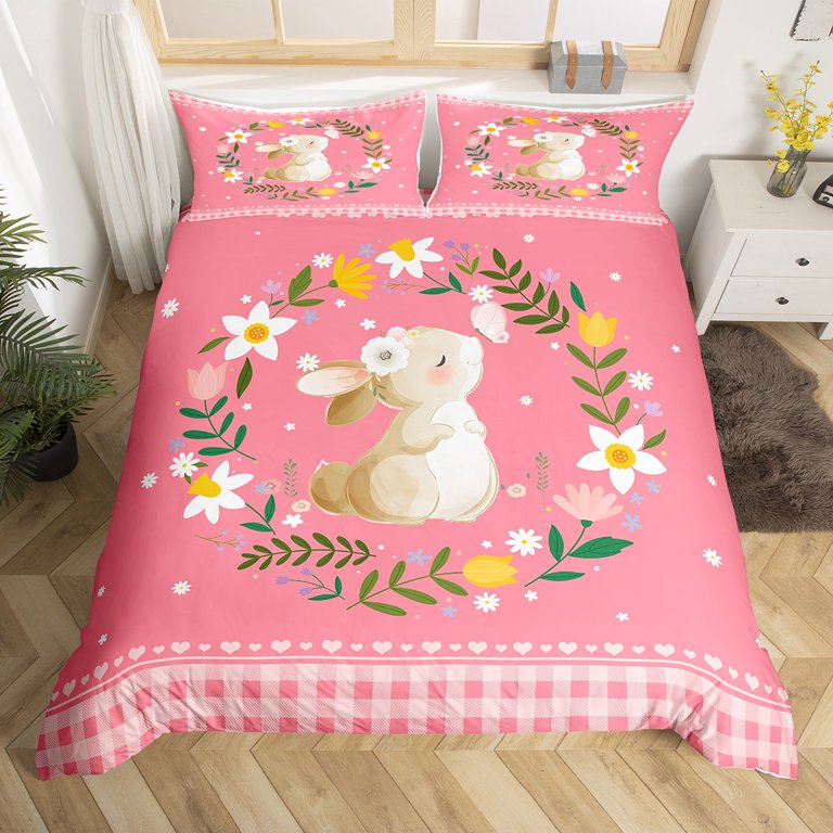 Bedding Set Aesthetic Rabbit Bear Twin Duvet Cover Flat Sheet