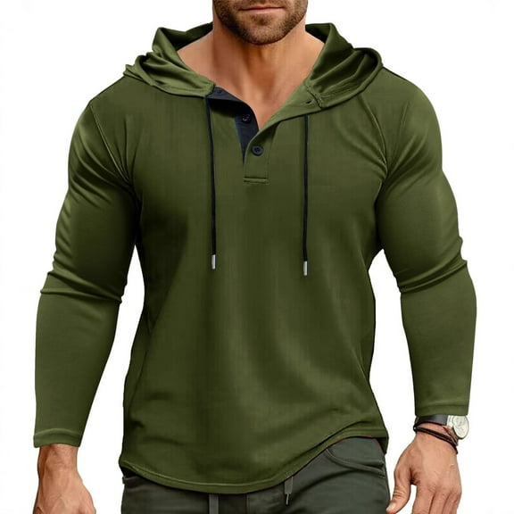 WTOBBY Men's Hooded Button-Up Long Sleeve T-Shirt Casual Three-Button Design, Comfortable Solid Color Top for Daily Wear, Layering, and Cool Weather Outfits,Army Green L