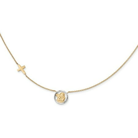 Roy Rose Jewelry 14k Yellow Gold with Rhodium-plated Diamond-cut Angel & Cross Necklace ~ length: 17 inches