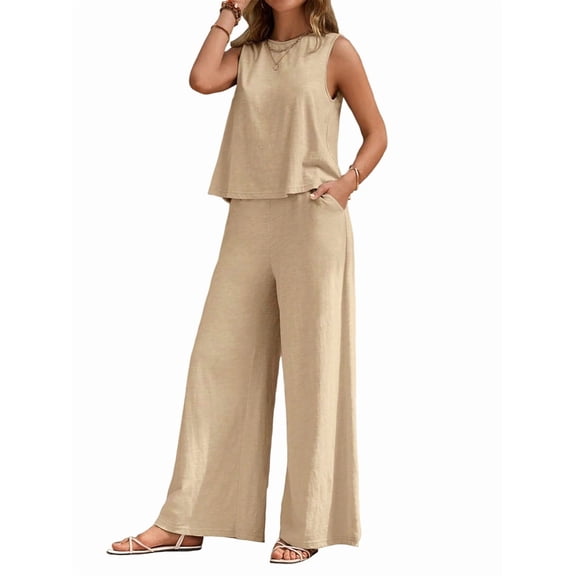 Women'S Summer 2 Piece Outfits Sleeveless Top Wide Leg Pants Lounge Beach Travel Sets Cream White M