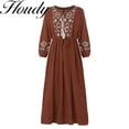 thumbnail image 1 of Fashion Pure Color Round Neck Lace Accessory Dress Loose Temperament Sleeve Embroidered Cotton Linen Dress Factory Direct SalesM Gao Jinjia LED, 1 of 2