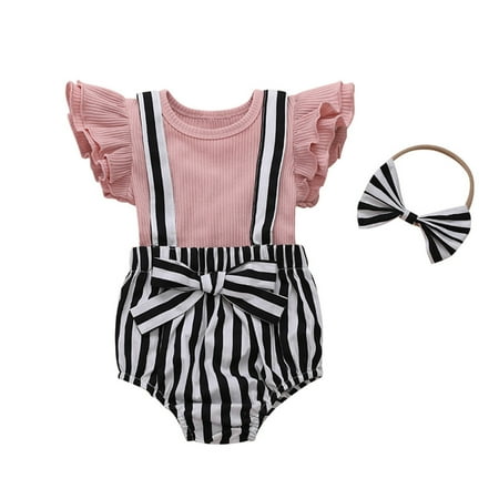 

AIMAOMI Toddler Baby Girl Ruffle T shirt Tops+Stripe Suspender Shorts Outfits Set H