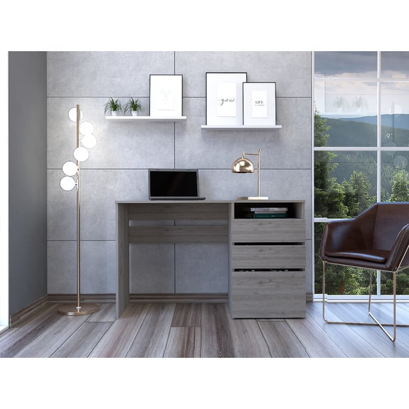 Gray Study Desk - 3 Drawers, 1 Shelf, Rectangular Modern Storage Office Furniture Drawer With Supply