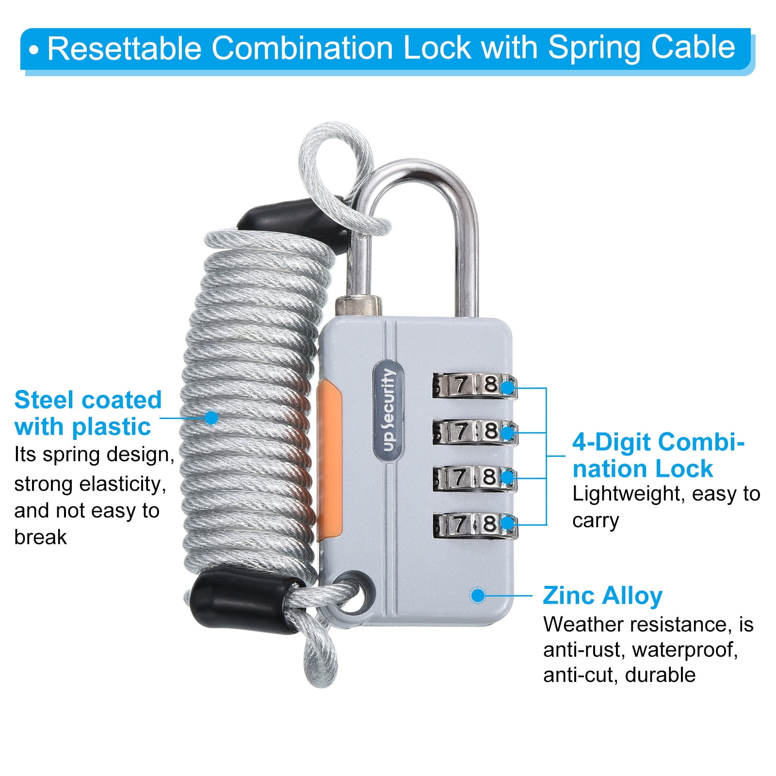 Unique Bargains Luggage Cable Lock 4 Digit Combination Padlock with 3.3Ft Cable Gray 1