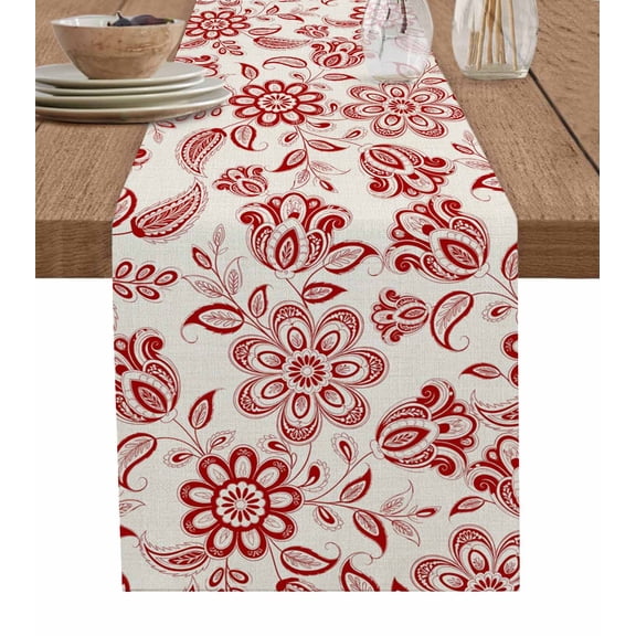 Red Flower Table Runner 60 Inches, Farmhouse Pastoral Vintage Ethnic Floral Bed Runner Dresser Scarves Tabletop for Indoor Outdoor Parties/Ceremony/Banquet, 13" x 60"