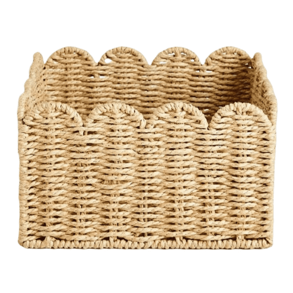 Scalloped Basket, Paper Rope Woven Storage Basket, Decorative Organizer Bin for Kitchen Pantry Shelf and Bathroom, 9.4 X 9.4 X 5.5 in, Easter Decor Basket, Valentines Day Gifts for Home A