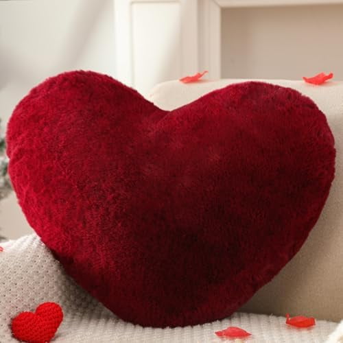 Valentines Heart Pillows, Love Heart Shaped Pillow, Small Cute Wine Red Heart Pillows for Gifts, Faux Rabbit Throw Pillows for Her, Kids, Girls Home Decoration, 10X11 Inch