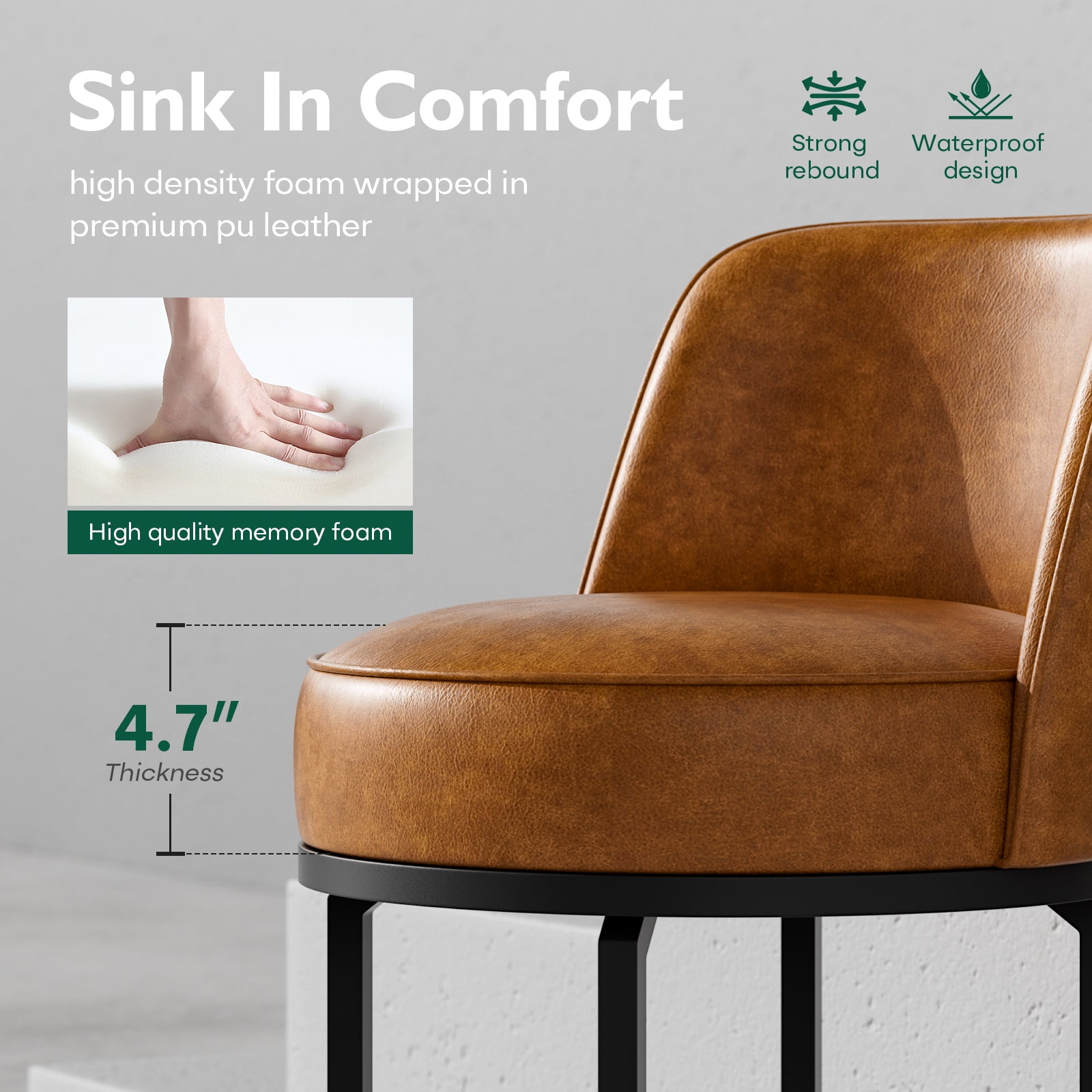 Genpo Bar Stools Set of 4, 26 inch Counter Height Bar Stools, Swivel Brown Leather Barstools with Backs, Round Base, Footrest, Metal Legs for Kitchen Island