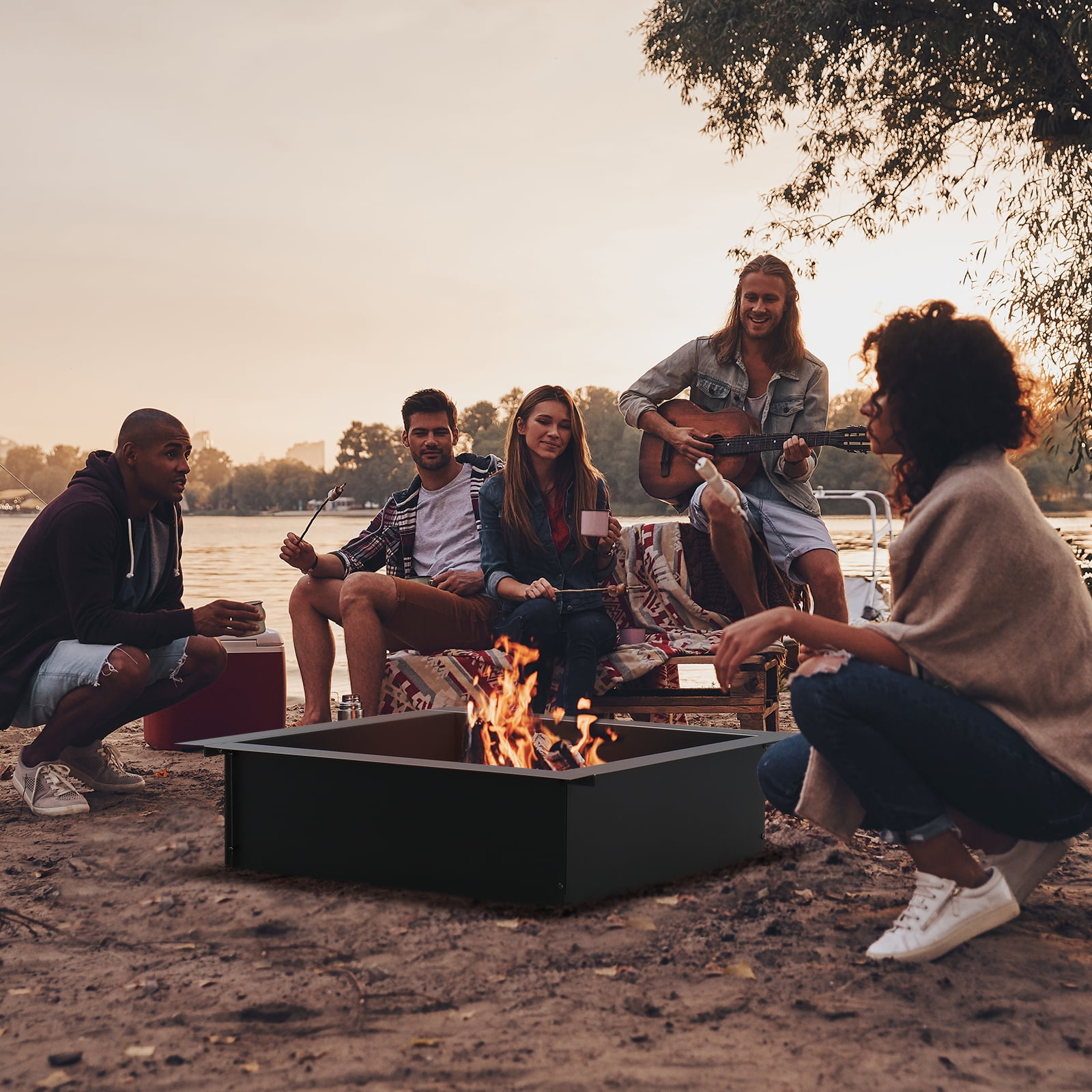 36" x 36" Square Fire Pit Ring, 30" Inner Size, Heavy-Duty Steel, Powder Coated Black, for Outdoor Wood Burning, DIY Fire Pit, Above or In-Ground, Easy Assembly, Portable for Backyard, Camping & BBQ