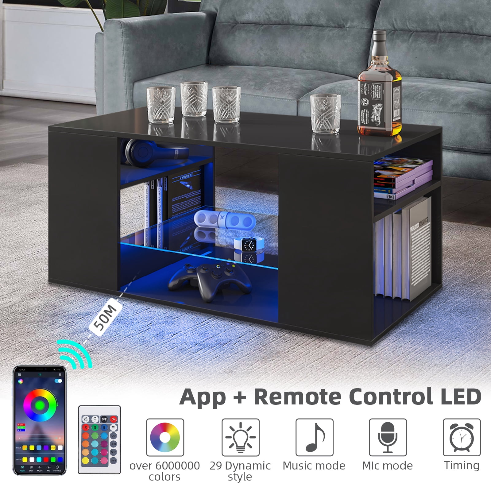 Hommpa Black Coffee Table with LED Lights Living Room Table Glass Open Shelves High Gloss Rectangle Center Table Sofa Side Cocktail Tables