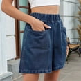 thumbnail image 5 of Women'S Denim Shorts, Elastic Wasit Mid Rise Loose Fit with 2 Front Pockets Deep Blue XXL, 5 of 9