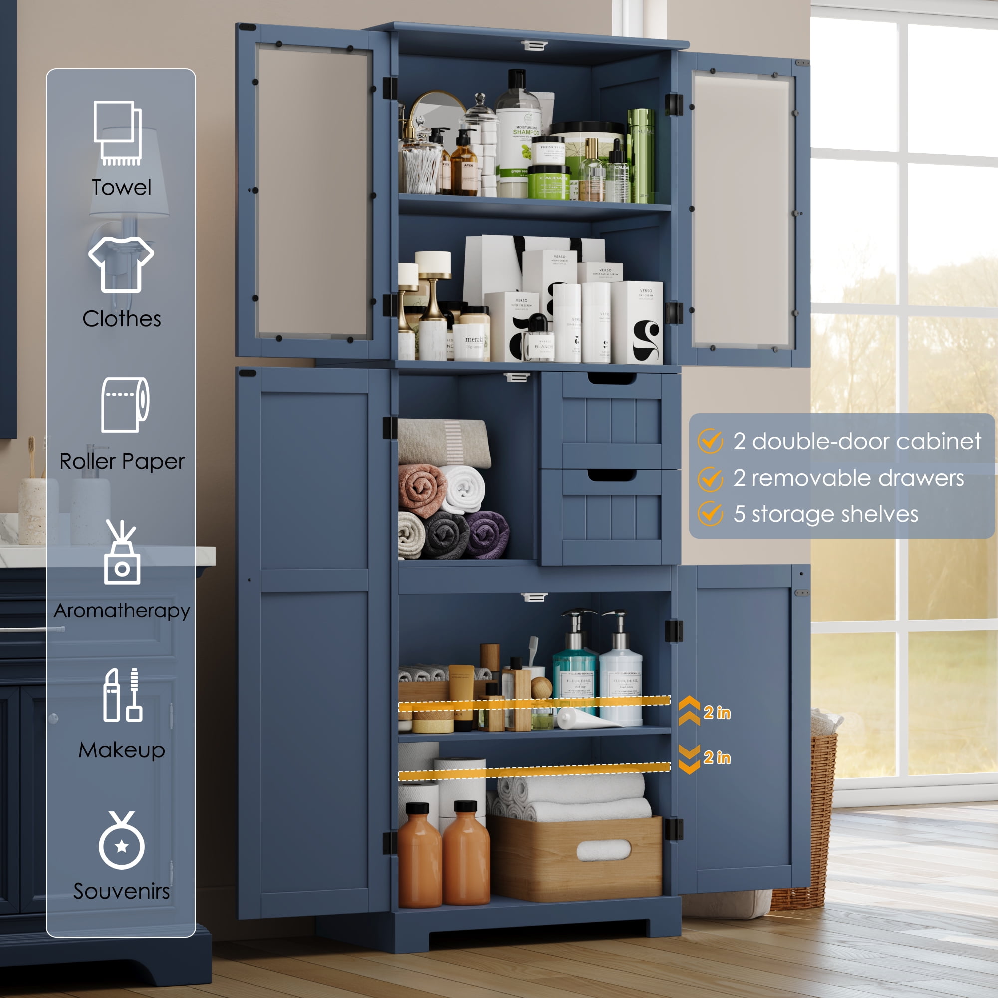 Homfa 67" Tall Bathroom Cabinet, Linen Cabinet with Doors and Removable Drawers, Kitchen Cupboard, Blue