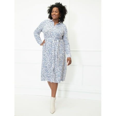 ELOQUII Elements Women's Plus Size Petal Print Midi Shirt Dress with Tie Waist