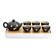 TJ Global Chinese/Japanese Ceramic Tea Set, 100% Handmade Traditional Tea Ceremony Set with Teapots, 6 Teacups, Bamboo Tea Tray with Drainage Black