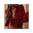 thumbnail image 5 of Womens Button Down Shirt Long Sleeve V-Neck Blouse Business Work Tops Dressy Casual Floral Printed Tops Red Flower XL, 5 of 9