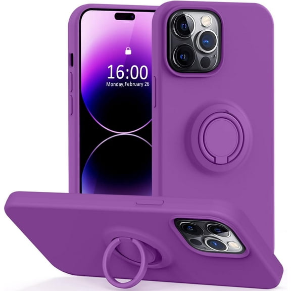 Compatible with iPhone 14 Pro Max Case 6.7inch,[Bulit-in 360° Rotatable Ring Holder][Anti-Scratch Soft Microfiber Lining] Liquid Silicone Phone Case for iPhone 14 Pro Max Women Girls-Purple
