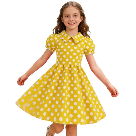Vividxx Girls Dresses Summer Casual Short Sleeve Polka Dot Print Dress With Collar Soft Playwear For Toddlers And Kids Cute Vacation