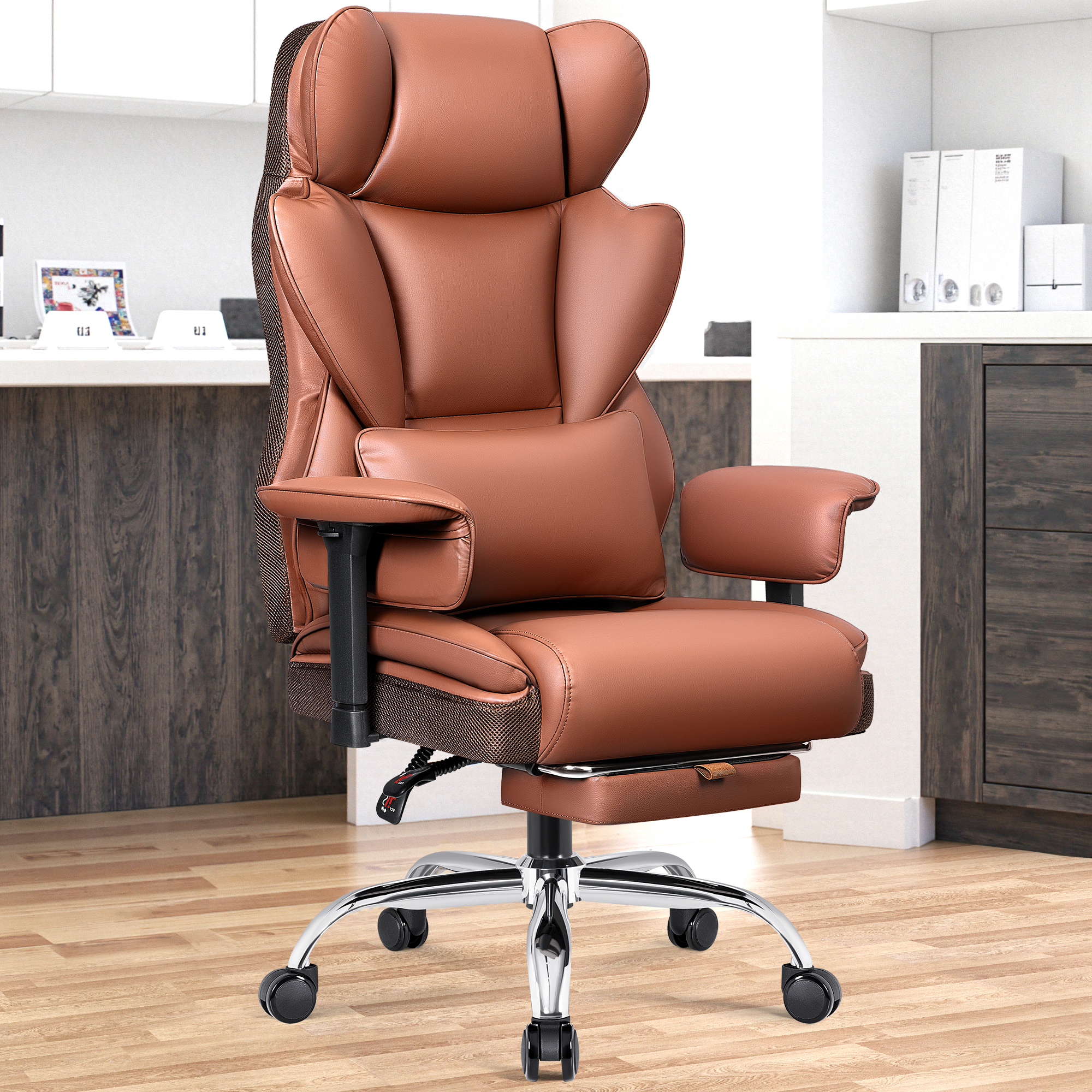COOLHUT Large Executive PU Leather Office Chair with Adjustable Armrests and Footrest, High Back and Lumbar Support, Ideal for Big and Tall Users, Perfect for Home Office or Computer Desk Use, Brown