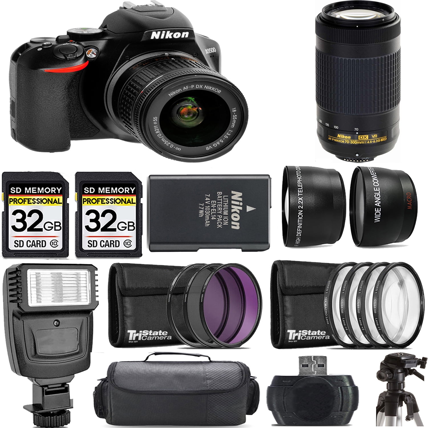 Nikon D3500 DSLR Camera with 18-55mm Lens +70-300mm VR Lens +Flash