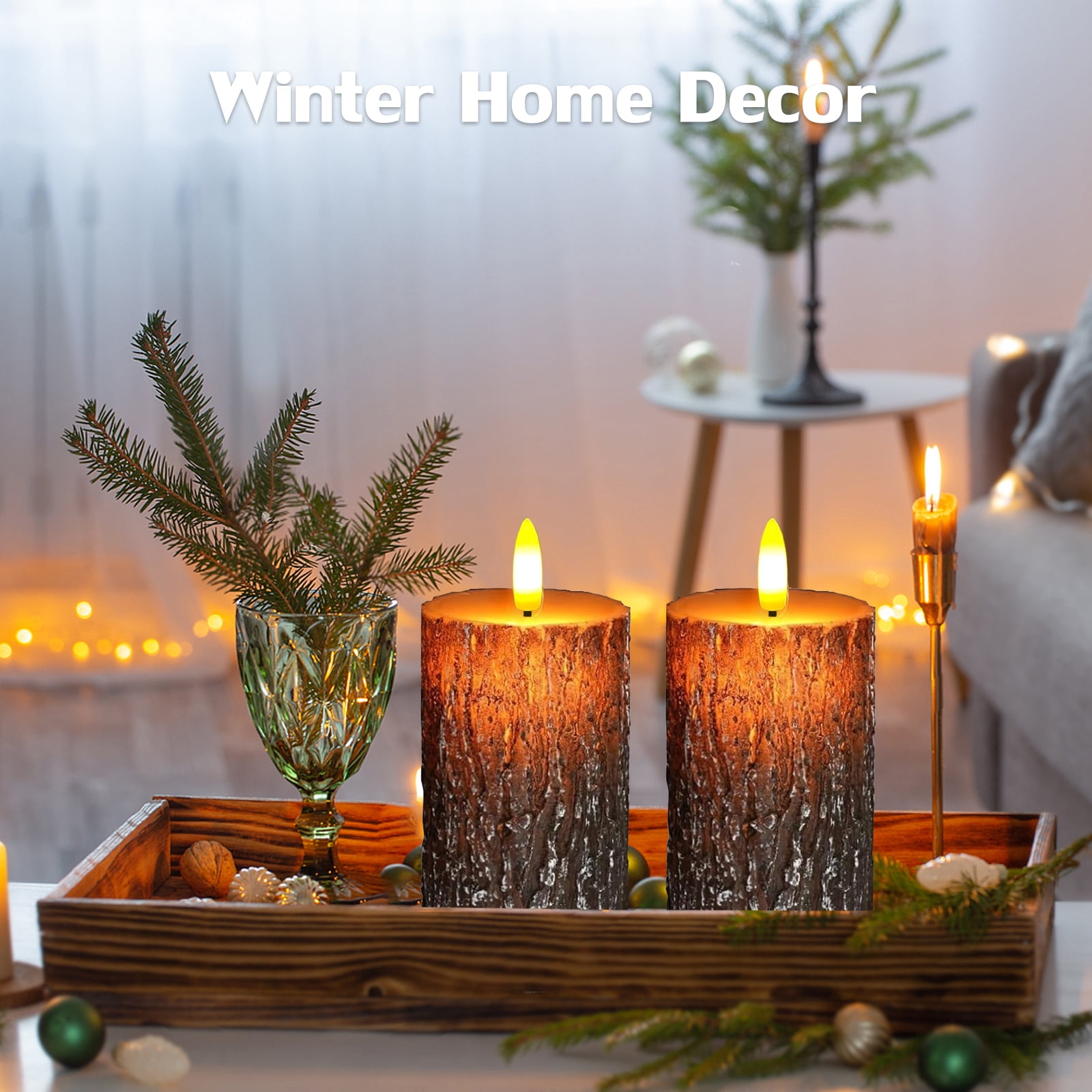 Flameless Candles Lights, Set of 2 6"x3" Pine Bark Flickering LED Candles with Remote & Timer, Dimmable Pillar Candles Battery Operated, Real Wax Electric Candles for Christmas Winter Home Decor