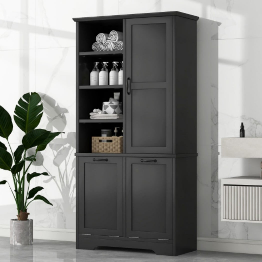 Bathroom Storage Cabinet with Doors and Drawers, Tall Laundry Hamper Cabinet with 2 Tilt-Out Baskets, Adjustable Shelves, Open Storage, Black