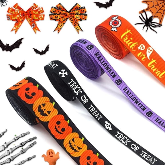Hsomely 4PCS Halloween Ribbons, Pumpkin Trick or Treat Grosgrain Ribbons 5 Yards for Party Gift Wrap Indoor Outdoor Craft Decor