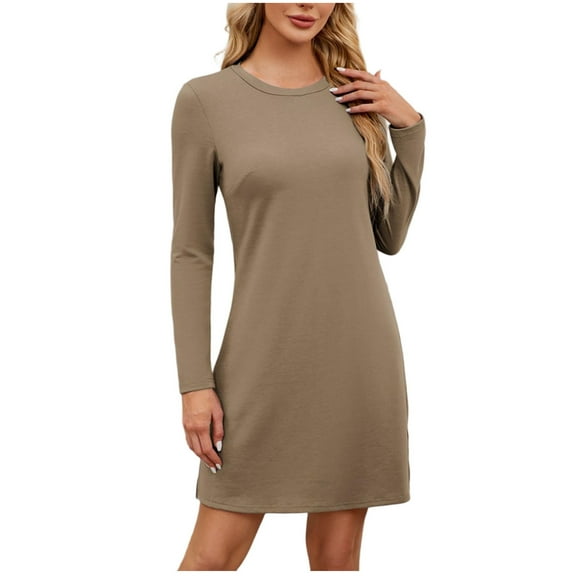 Dxzfnsa Womens Dresses Summer Casual Dress Long Sleeve Round Neck Dress Shift Dress for Women 2025(Khaki,S-2XL)