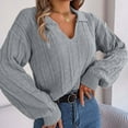 thumbnail image 4 of FAKKDUK Women's 2023 Fall Knit Pullover Sweater Elegant Long Lantern Sleeve V Neck Womens Pullover Blouse T-Shirt Women Knit Sweater Slim Fit Solid Basic Casual Tee Tops, S&Gray, 4 of 8