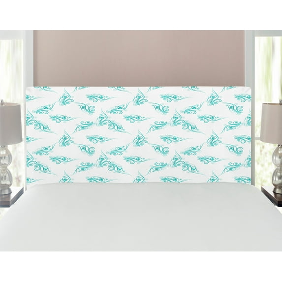 Turquoise Headboard, Swirling Flowers Branches Fresh Botanical Curvy Ornamental Lines Springtime Art, Upholstered Decorative Metal Bed Headboard with Memory Foam, Full Size, Turquoise, by Ambesonne